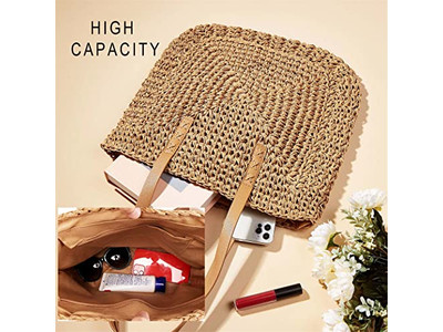 Bolso de Cesta de Paja Negra con Estampado Personalizado Estilo Francés Playa Ecológico Cinta