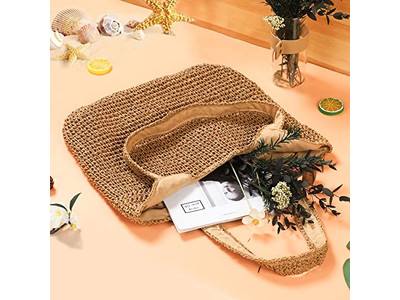 Bolsa de Paja de Algodón Canasta Flor con Cuentas Bolsas Básicas Lona Bohemio Monedero Barril