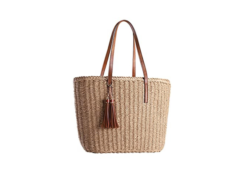 Bolsa de Paja Sonrisa Correa 1 Moq Blanco Marrón Artesanal Verde India Estampado Retro Mujer