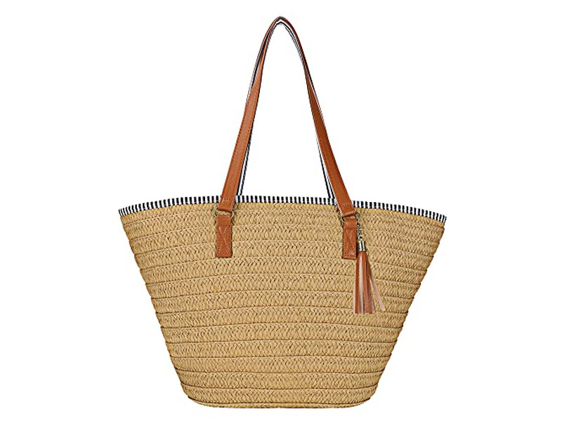 Bolso de Paja para Mujer Bolso de Playa de Trigo Tejido Boho con Mango de Madera