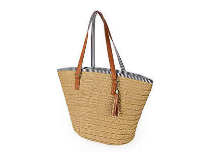 Bolso de Paja para Mujer Bolso de Playa de Trigo Tejido Boho con Mango de Madera