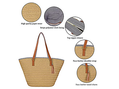Bolso de Paja para Mujer Bolso de Playa de Trigo Tejido Boho con Mango de Madera