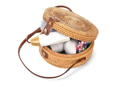 Bolso de Paja de Papel Tejido Negro Bolsas Redondas de Ratán Natural de Bali con Logo Personalizado