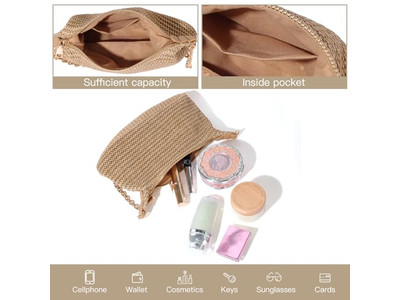 Bolso de Paja Tejido con Cadena, Clutch de Papel Pequeño Jacquard Cosido a Mano Bohemio